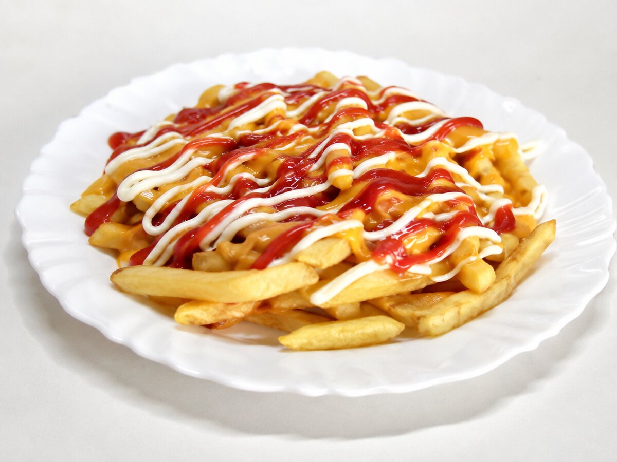 Plato de papas fritas con queso derretido, ketchup y mayonesa