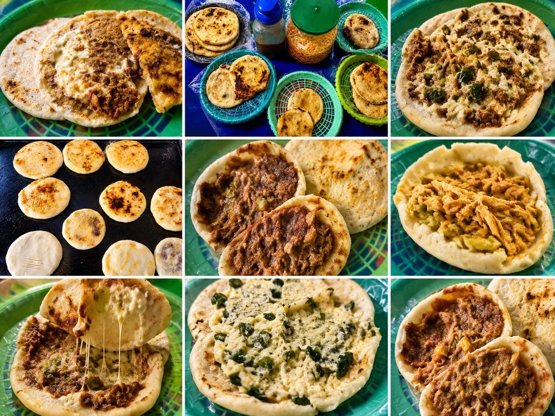 Nueve pupusas distintas: de queso, revueltas, de frijol, de pollo, con jalapeño y recién bajadas del comal